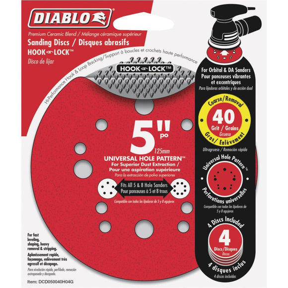 Diablo 5 In. 40-Grit Universal 12-Hole Vented Sanding Disc with Hook and Lock Backing (4-Pack)