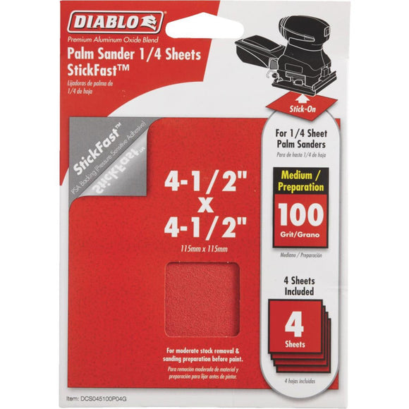 Diablo StickFast 100 Grit 4-1/2 In. x 4-1/2 In. 1/4 Sheet Palm Sander Power Sanding Sheet (4-Pack)